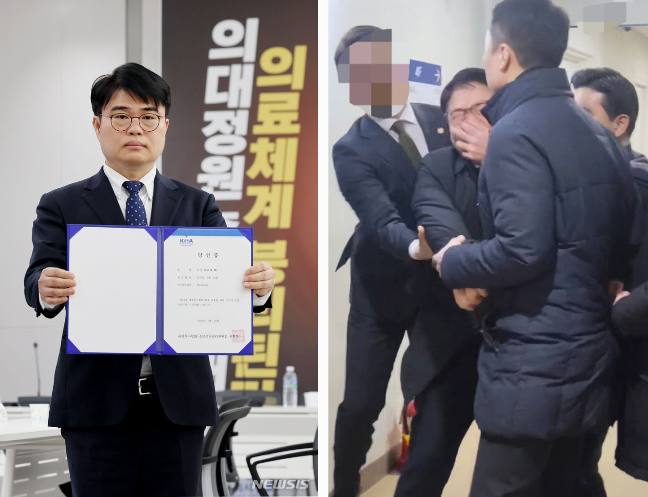 (좌)26일 서울 용산구 대한의사협회 회관에서 열린 제42대 대한의사협회 회장 선거 결선 개표에서 당선증을 들고 있는 임현택 당선인. 사진 뉴시스 (우) 임현택 씨 제공 연합뉴스 사진 재 사용 